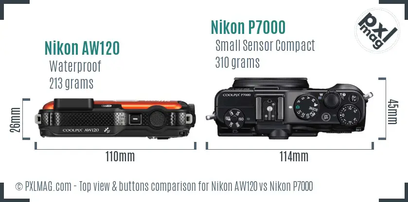 Nikon AW120 vs Nikon P7000 top view buttons comparison