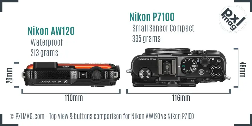 Nikon AW120 vs Nikon P7100 top view buttons comparison