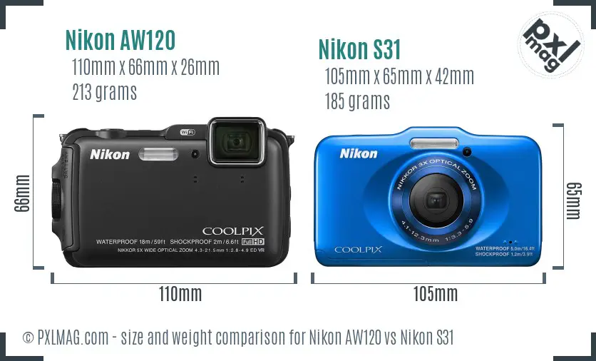 Nikon AW120 vs Nikon S31 size comparison