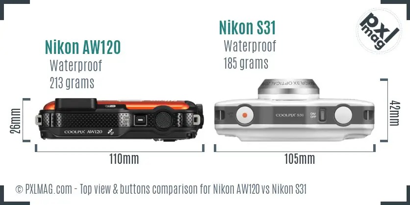 Nikon AW120 vs Nikon S31 top view buttons comparison