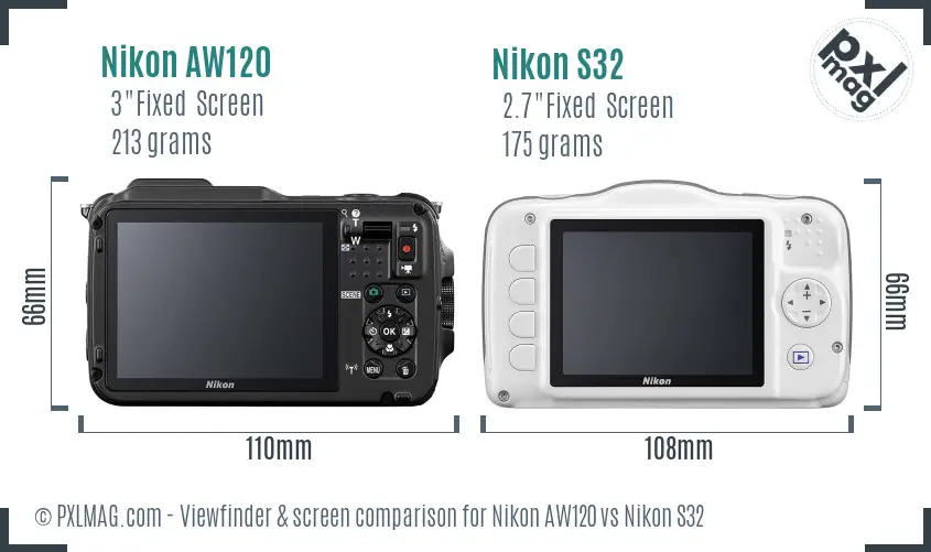 Nikon AW120 vs Nikon S32 Screen and Viewfinder comparison