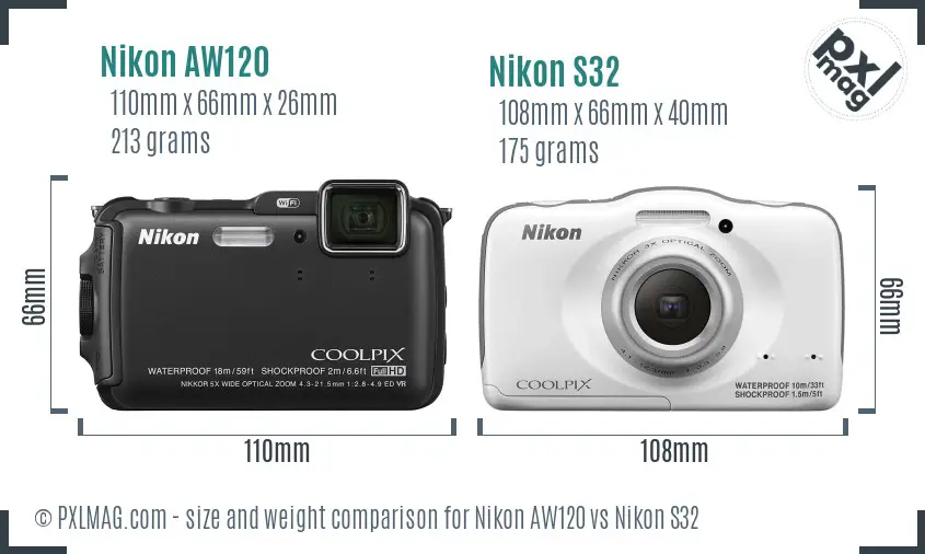 Nikon AW120 vs Nikon S32 size comparison