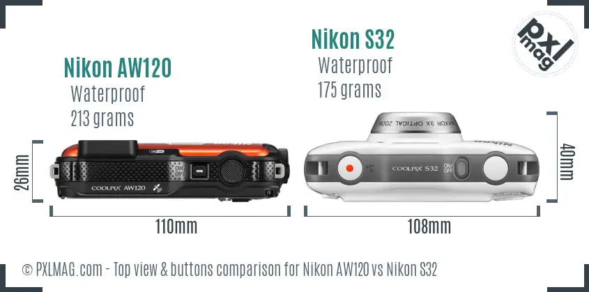 Nikon AW120 vs Nikon S32 top view buttons comparison