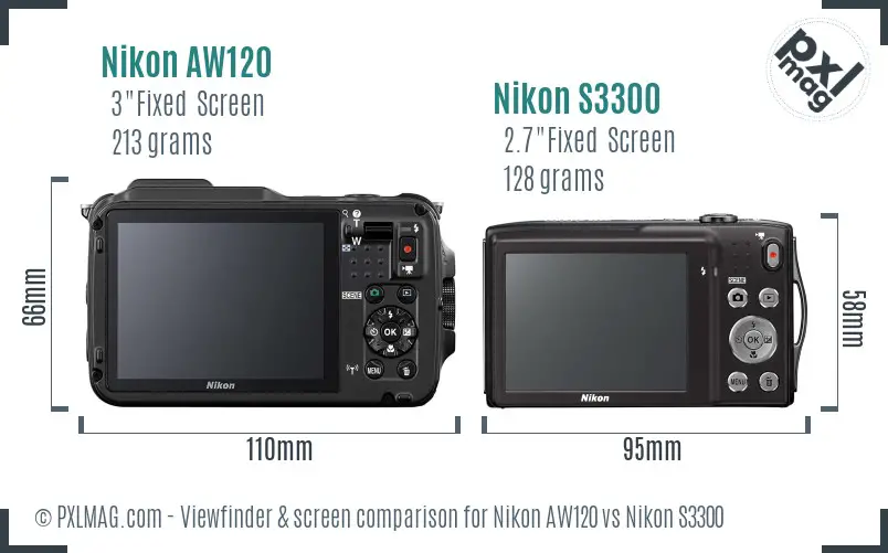 Nikon AW120 vs Nikon S3300 Screen and Viewfinder comparison