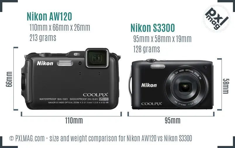 Nikon AW120 vs Nikon S3300 size comparison