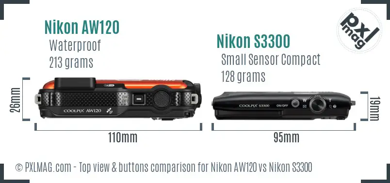 Nikon AW120 vs Nikon S3300 top view buttons comparison