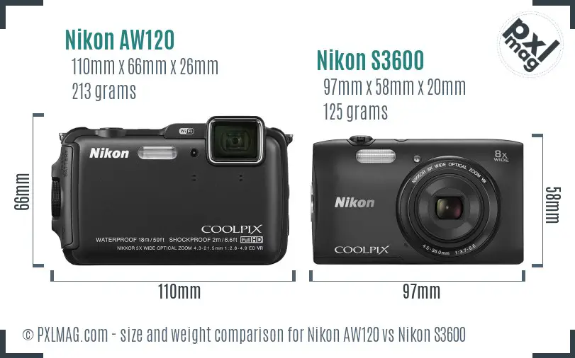 Nikon AW120 vs Nikon S3600 size comparison Nikon AW120 vs Nikon S3600 size comparison