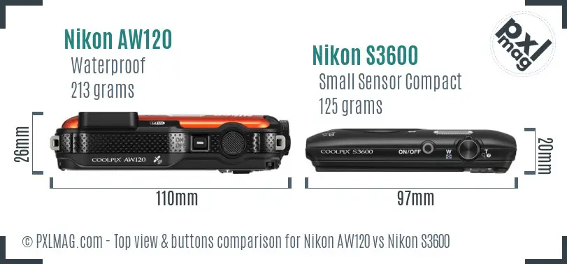 Nikon AW120 vs Nikon S3600 top view buttons comparison Nikon AW120 vs Nikon S3600 top view buttons comparison