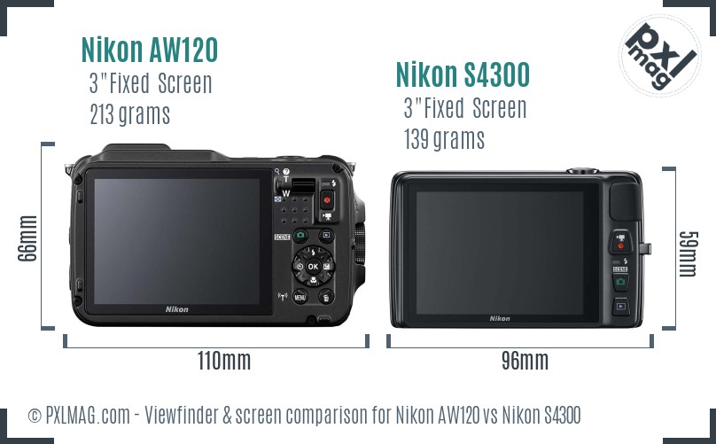 Nikon AW120 vs Nikon S4300 Screen and Viewfinder comparison