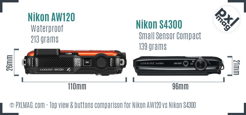 Nikon AW120 vs Nikon S4300 top view buttons comparison