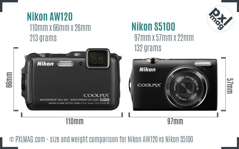 Nikon AW120 vs Nikon S5100 size comparison