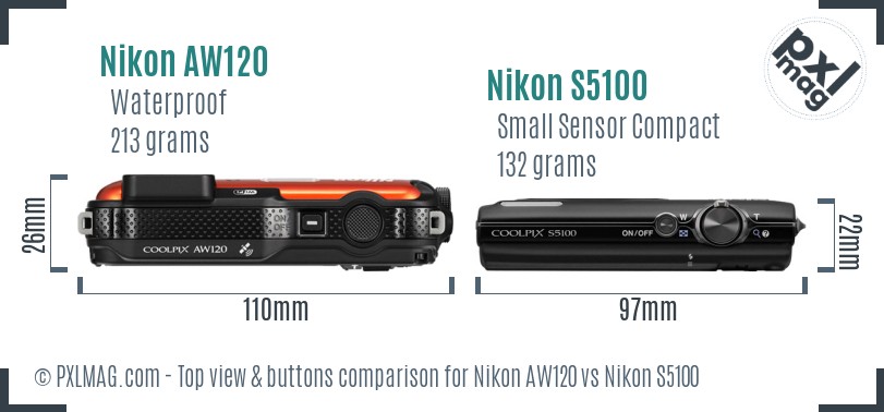 Nikon AW120 vs Nikon S5100 top view buttons comparison