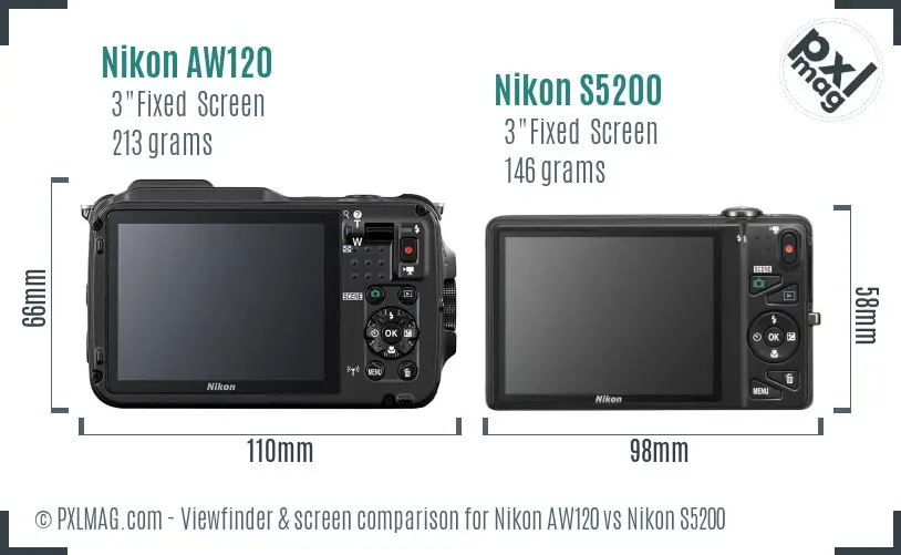 Nikon AW120 vs Nikon S5200 Screen and Viewfinder comparison