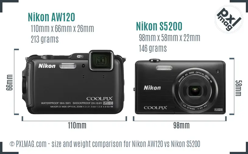 Nikon AW120 vs Nikon S5200 size comparison