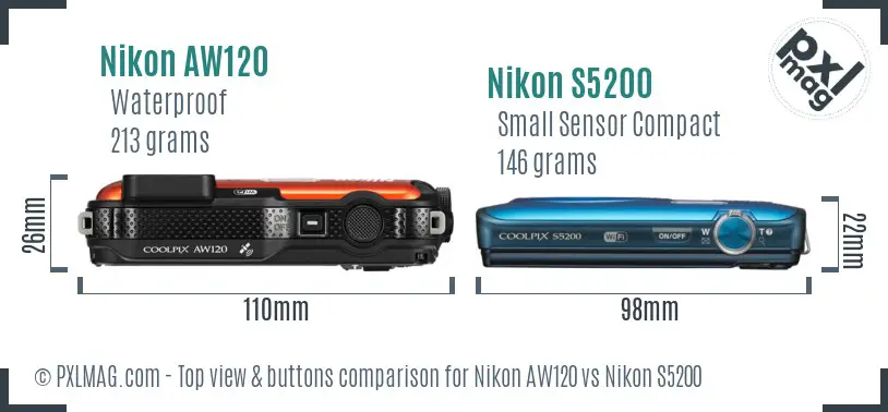 Nikon AW120 vs Nikon S5200 top view buttons comparison