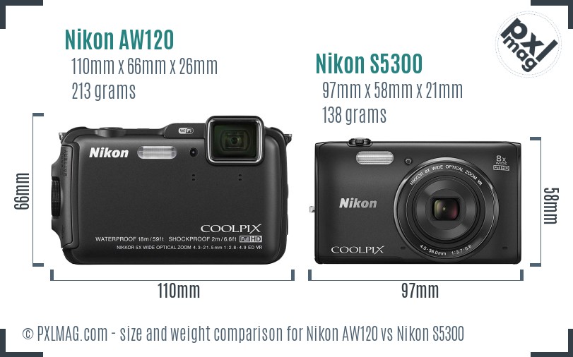 Nikon AW120 vs Nikon S5300 size comparison