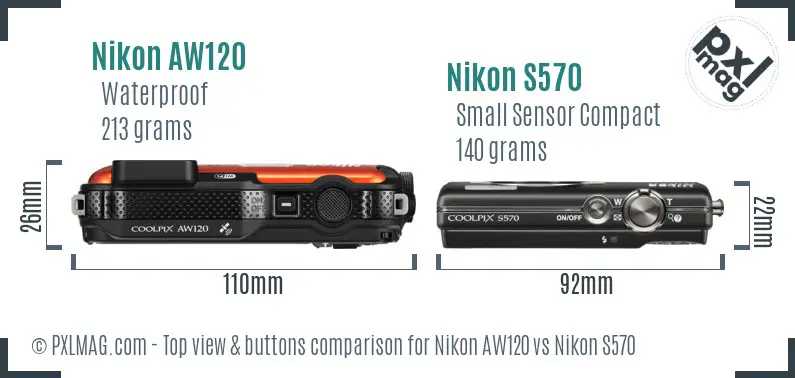 Nikon AW120 vs Nikon S570 top view buttons comparison