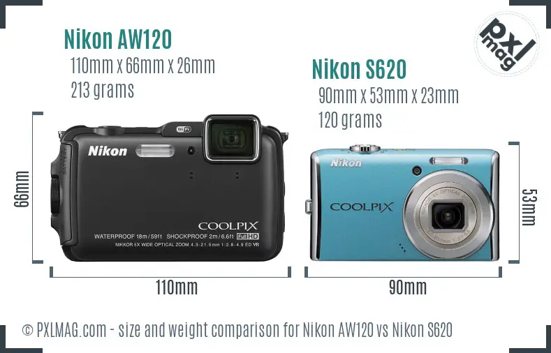 Nikon AW120 vs Nikon S620 size comparison