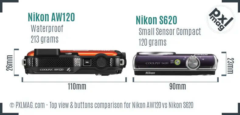Nikon AW120 vs Nikon S620 top view buttons comparison