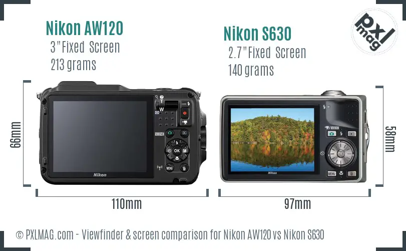 Nikon AW120 vs Nikon S630 Screen and Viewfinder comparison