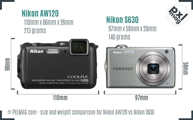 Nikon AW120 vs Nikon S630 size comparison