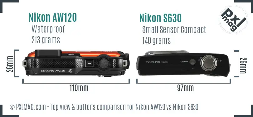 Nikon AW120 vs Nikon S630 top view buttons comparison