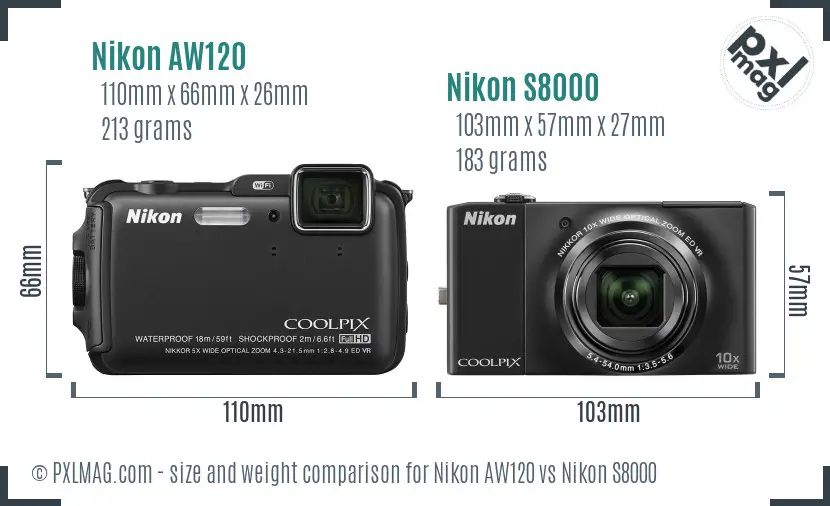 Nikon AW120 vs Nikon S8000 size comparison Nikon AW120 vs Nikon S8000 size comparison