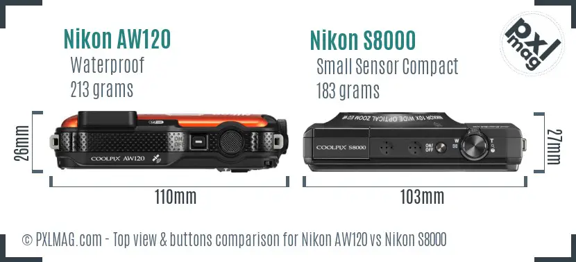 Nikon AW120 vs Nikon S8000 top view buttons comparison Nikon AW120 vs Nikon S8000 top view buttons comparison
