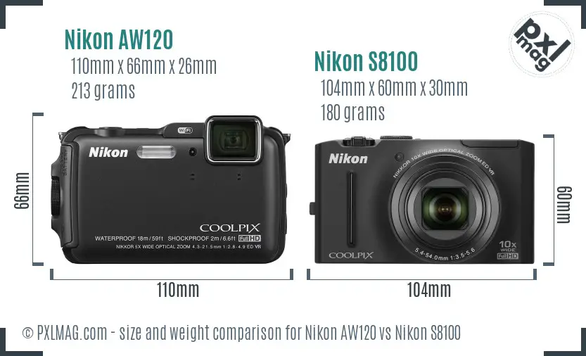 Nikon AW120 vs Nikon S8100 size comparison Nikon AW120 vs Nikon S8100 size comparison