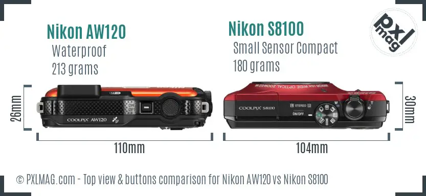 Nikon AW120 vs Nikon S8100 top view buttons comparison Nikon AW120 vs Nikon S8100 top view buttons comparison