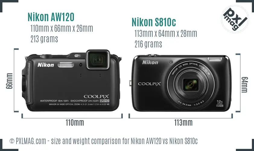 Nikon AW120 vs Nikon S810c size comparison