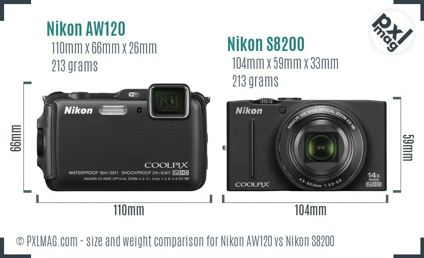 Nikon AW120 vs Nikon S8200 size comparison