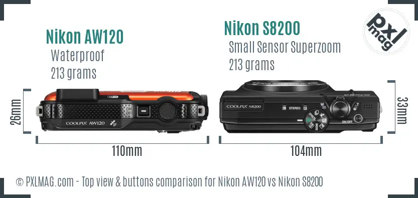 Nikon AW120 vs Nikon S8200 top view buttons comparison