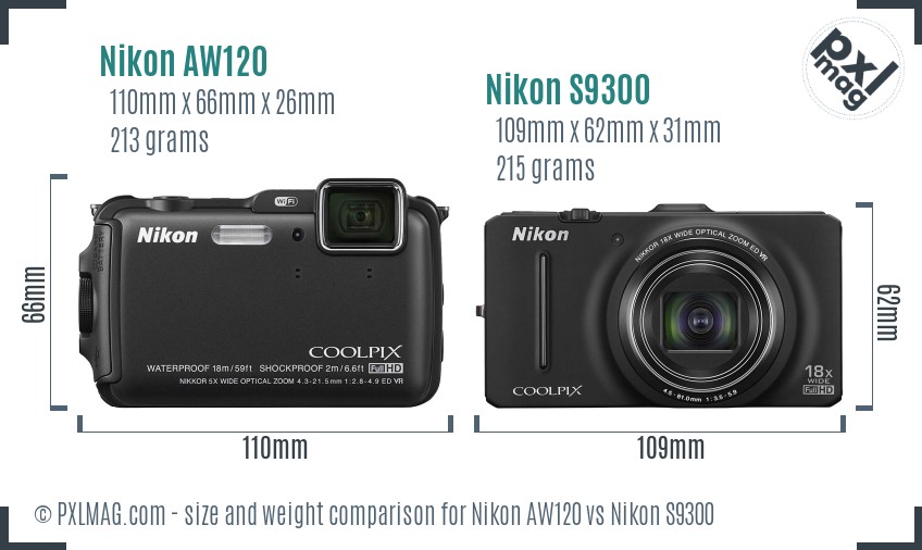 Nikon AW120 vs Nikon S9300 size comparison