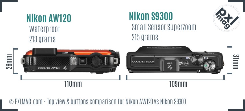 Nikon AW120 vs Nikon S9300 top view buttons comparison