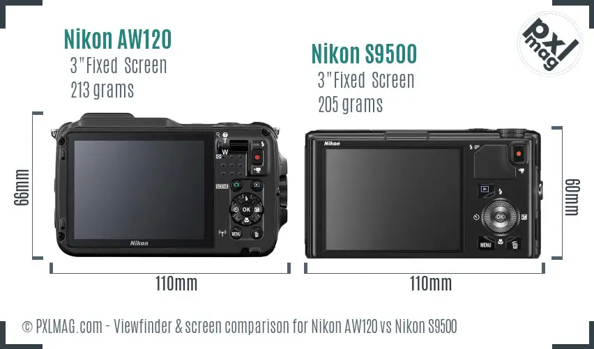 Nikon AW120 vs Nikon S9500 Screen and Viewfinder comparison
