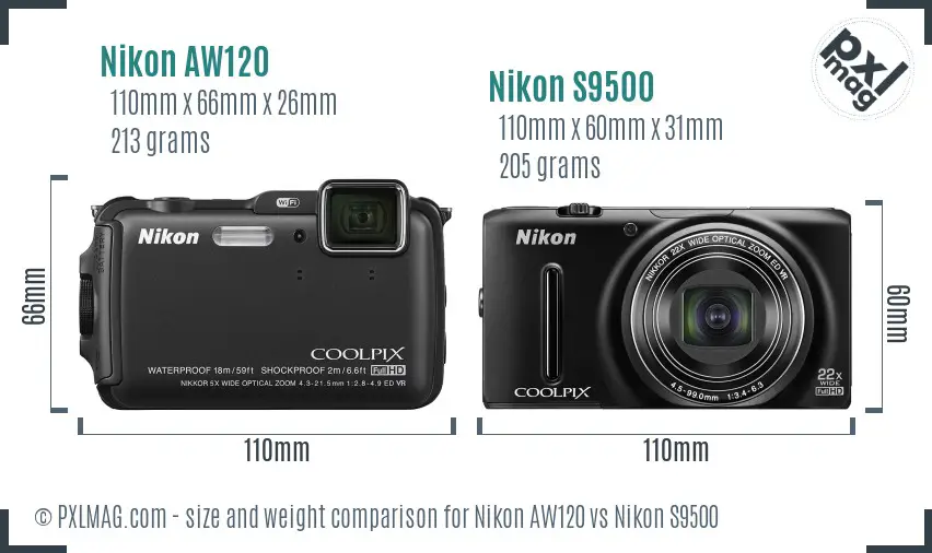 Nikon AW120 vs Nikon S9500 size comparison