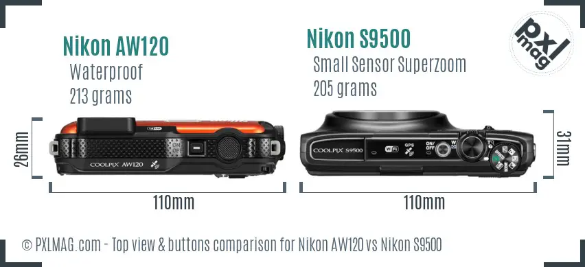Nikon AW120 vs Nikon S9500 top view buttons comparison