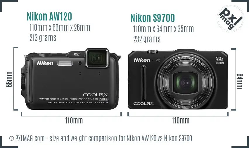 Nikon AW120 vs Nikon S9700 size comparison