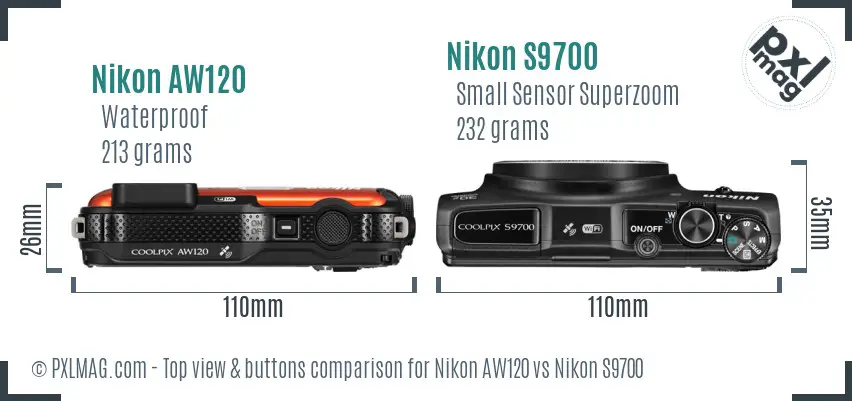 Nikon AW120 vs Nikon S9700 top view buttons comparison