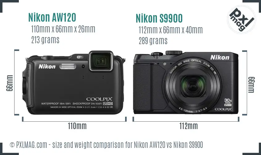 Nikon AW120 vs Nikon S9900 size comparison