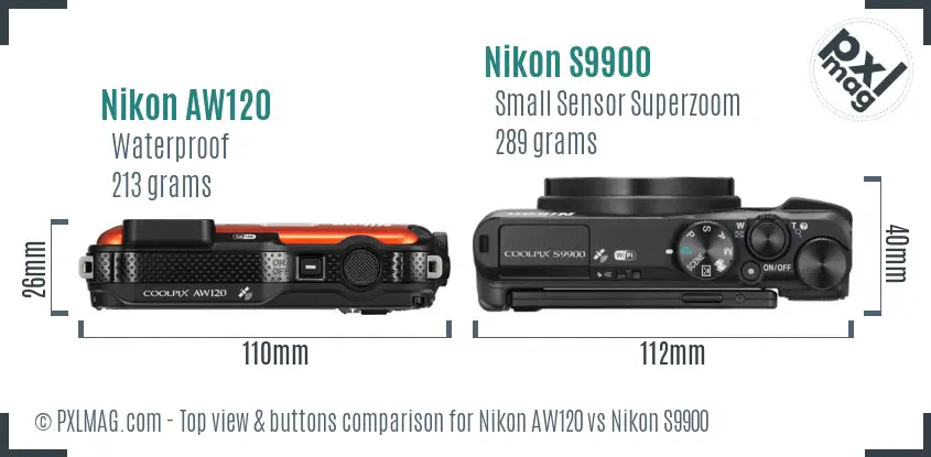 Nikon AW120 vs Nikon S9900 top view buttons comparison