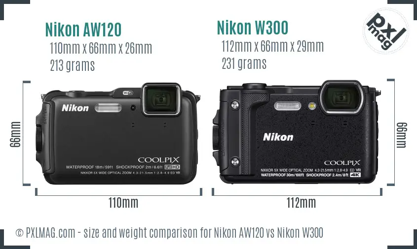 Nikon AW120 vs Nikon W300 size comparison
