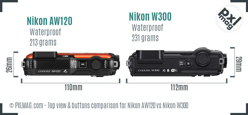 Nikon AW120 vs Nikon W300 top view buttons comparison