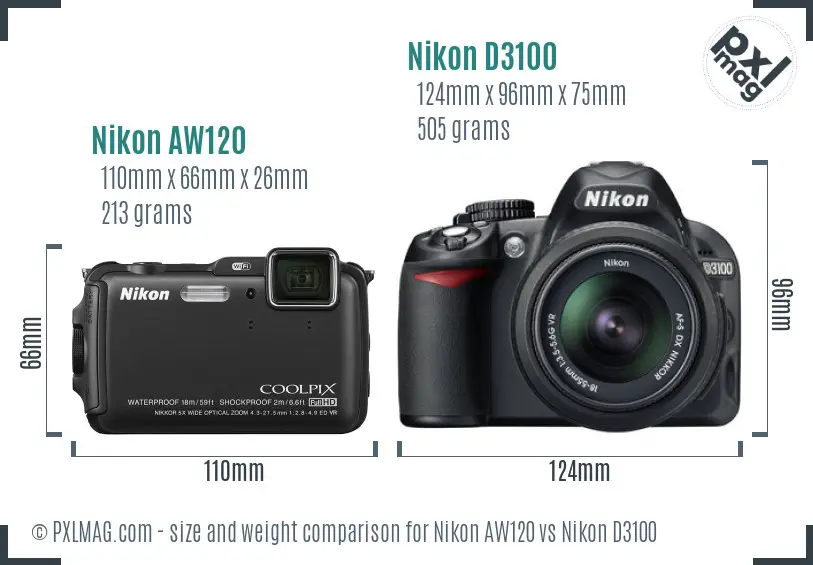 Nikon AW120 vs Nikon D3100 size comparison