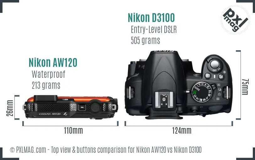 Nikon AW120 vs Nikon D3100 top view buttons comparison