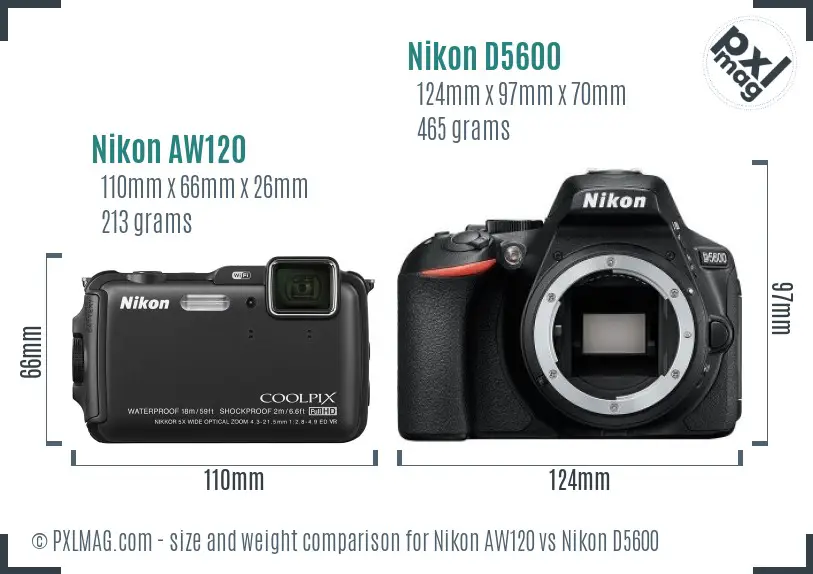 Nikon AW120 vs Nikon D5600 size comparison