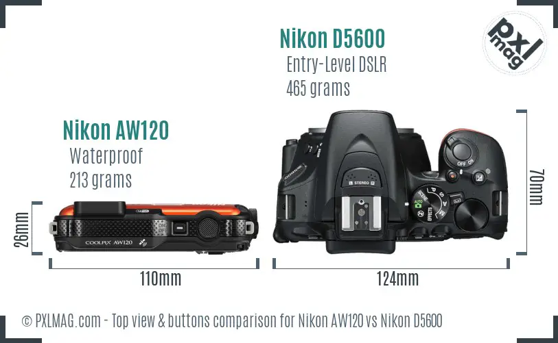 Nikon AW120 vs Nikon D5600 top view buttons comparison