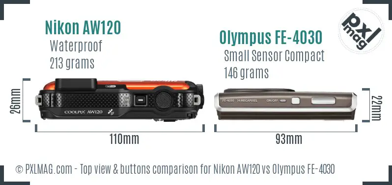 Nikon AW120 vs Olympus FE-4030 top view buttons comparison
