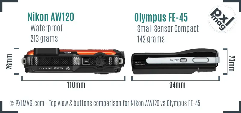 Nikon AW120 vs Olympus FE-45 top view buttons comparison